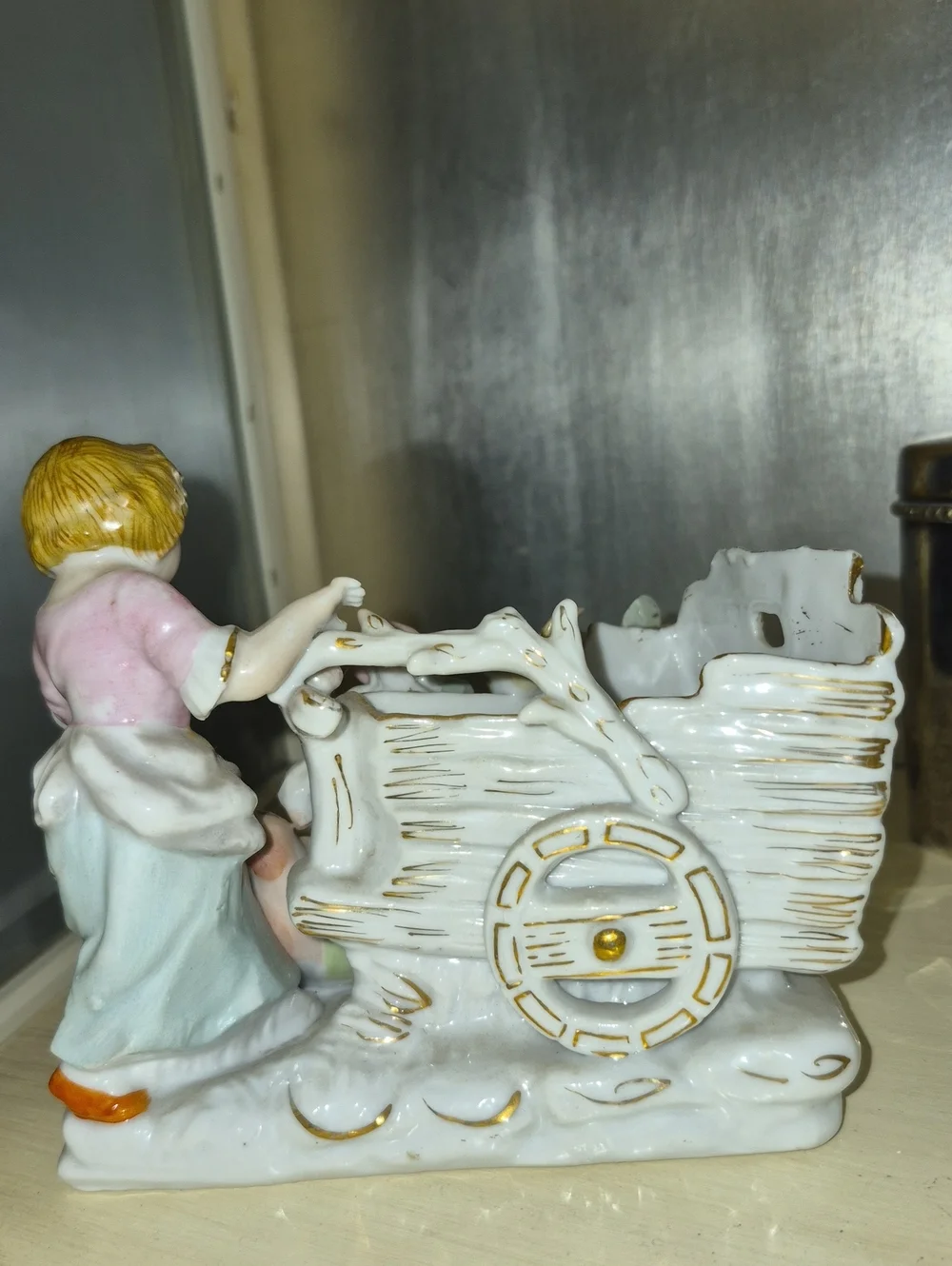 Vintage Hand-Painted Porcelain Shabby Chic  Children & Floral Cart Mold 4962